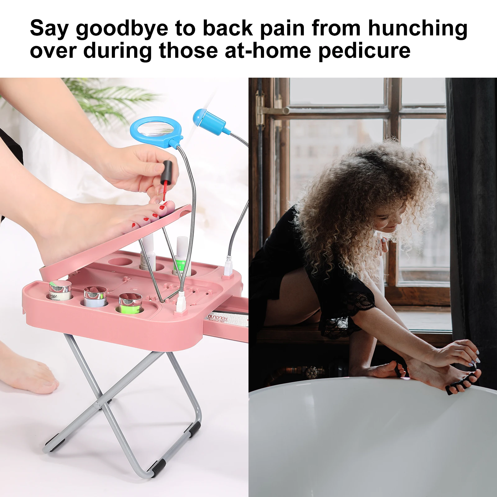 The Beauty Footrest for Easy At-Home Pedicures, No More Bending With LED Magnifier Fan Non-Slip Sturdy Legs & Built-in Storage