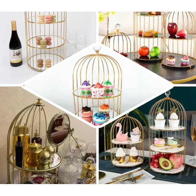 3 Tier Gold Metal Bird Cage Wedding Cup Cake Golden Party Buffet Riser ...