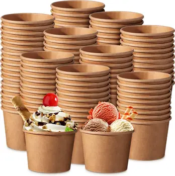 Custom Kraft Paper Ice Cream Cup Disposable Ice Cream Container for Restaurant Cafe Shop to Go Fast Food Packaging