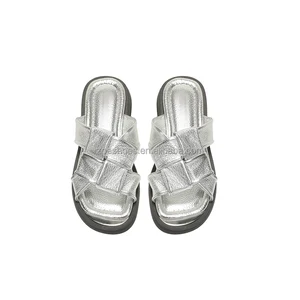 Women's Comfortable PU Leather Flat Slide Sandals Metallic Silver Woven Strap Slip-On Summer Slippers Breathable Anti-Slip