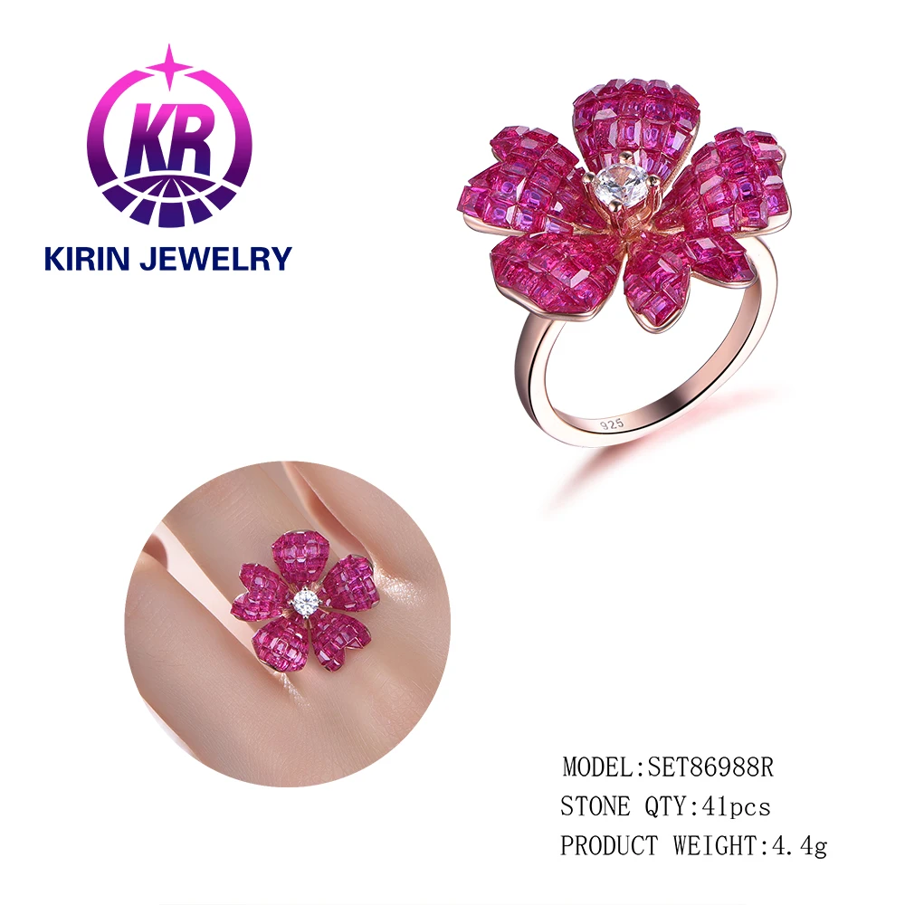 Unique Design Invisible Inlaid Ruby Diamond Crystal Flower Charm Sterling Silver Ring