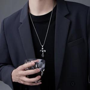 Men's Long Stainless Steel Non-fading Cross Necklace Hip Hop Skull Head Pendant Punk Fashion Sweater Chain