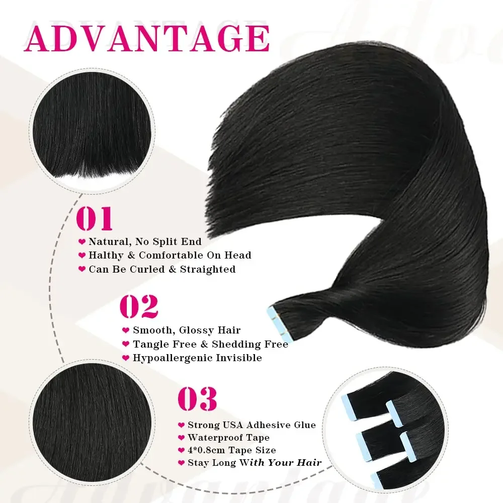 100% Remy Echthaar Tape In Extensions Naturschwarz Glatt_voghion.com