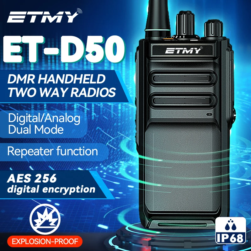 Dmr AES256 Encrypted VHF UHF Digital Walkie Talkie Radios IP68 Two Way Radio Communicator Long Range ETMY ET-D50