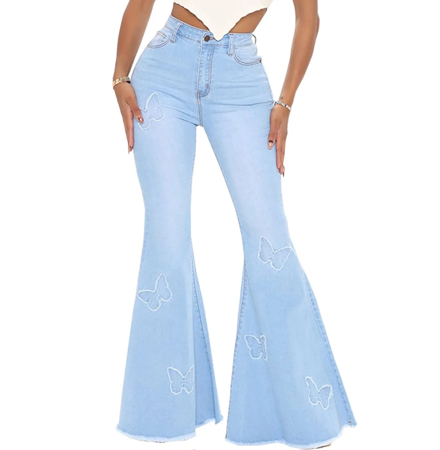 Women's Embroidered Bell Bottom Jeans - Stretch Flared Denim Pants With Vintage Floral Design, Size 16 - View #10