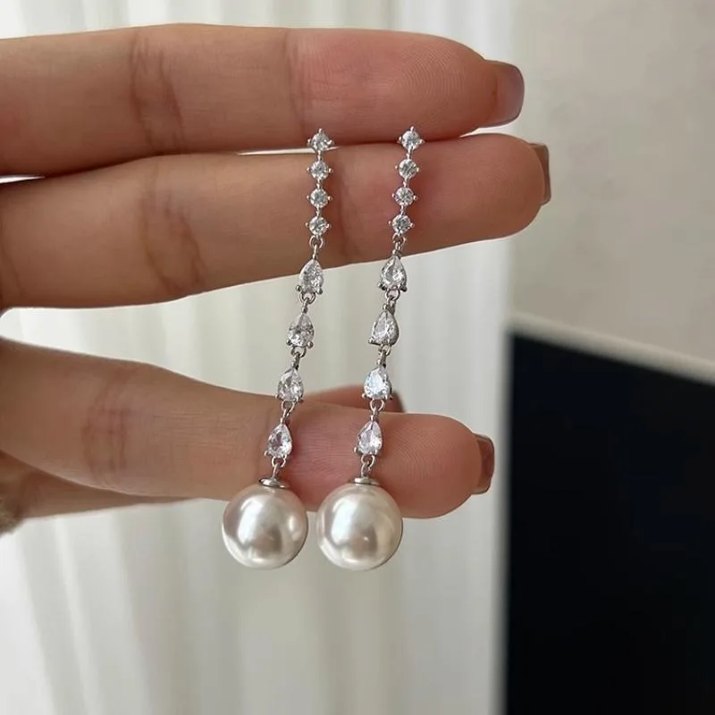 Simple Long Drop Hanging Pearl Fashion Earrings