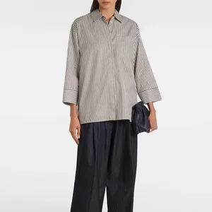 Clothing Manufacturers Custom Spring Summer Autumn Sharp Collar Striped Twill Blouse Long Sleeve Oversized Women's Long Shirt
