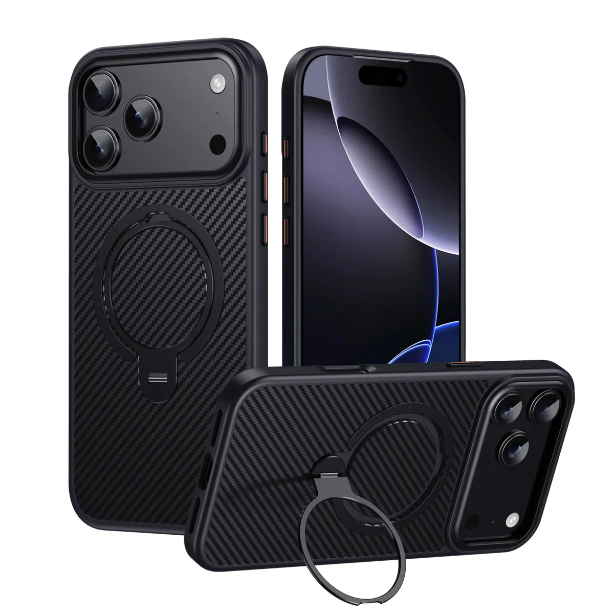 Laudtec スタンド付きプロテクティブカバー iPhone 17 16 15 14用 カーボンファイバーテクスチャー 360°回転ブラケット 磁気式モバイルフォンケース