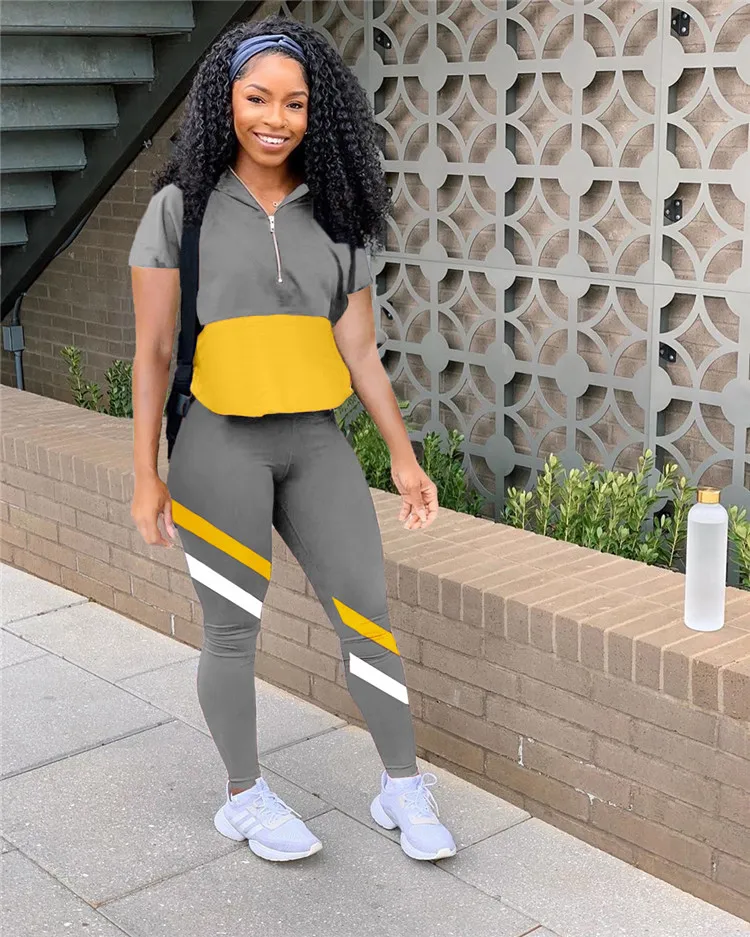 Patchwork 2 Piece Set Women Crop Top And Pants Streetwear Matching Sets Summer Clothes Outfits Female