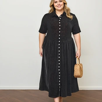 Elegant Women's Plus Size Summer Casual A-Line Maxi Dress Button Decoration Solid Pattern Natural Waistline Anti-Static Short