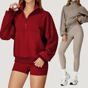 Wholesale Custom Logo Loose Sports Gym Long Sleeve Women Hoodies Coat With Coat Yoga Leggings Pants Outfit Suits Set