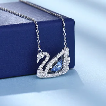 Inlaid Crystal 925 Silver Swan Necklace Jewelry Pendant Blue Rose Gold White Color with Beating Heart Design