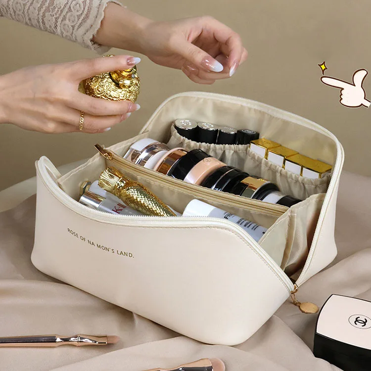 Custom LOGO Pu Leather Cosmetic Makeup Bag Pouch Skincare Cosmetic Partition Storage Waterproof Travel Toiletry Bag Make up Bags