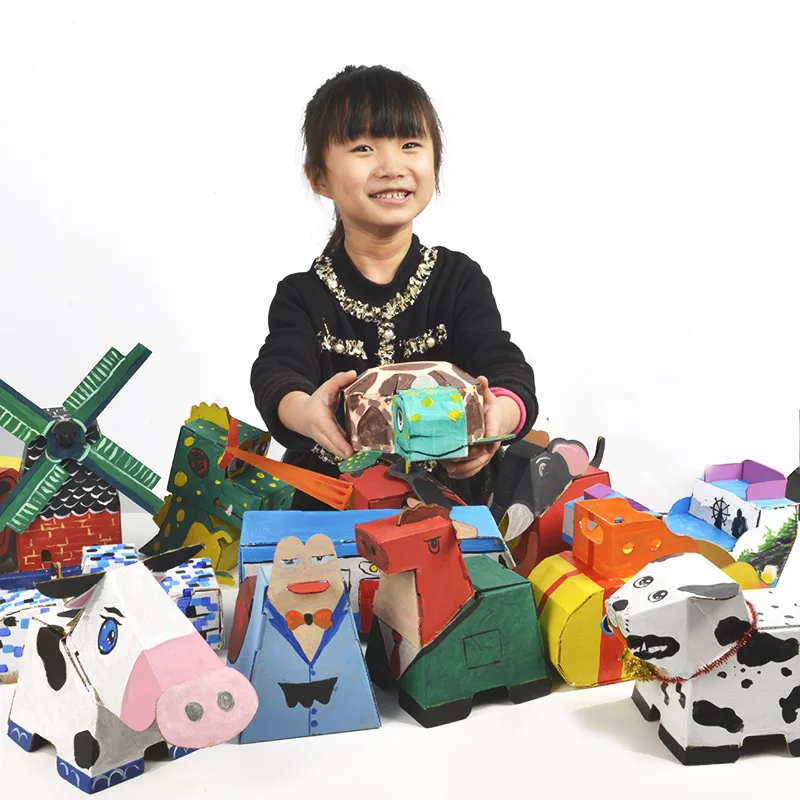 Children's Cardboard Toy 3D Paper Puzzle Vehicle Animal Shape DIY Painting Toy Foldable Cardboard Toy for Kids