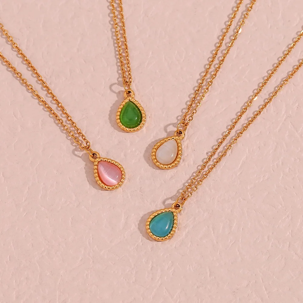 Colorful Natural Stone Water Drop Opal Pendant Necklace 18k Gold Plated Stainless Steel Necklace 2442