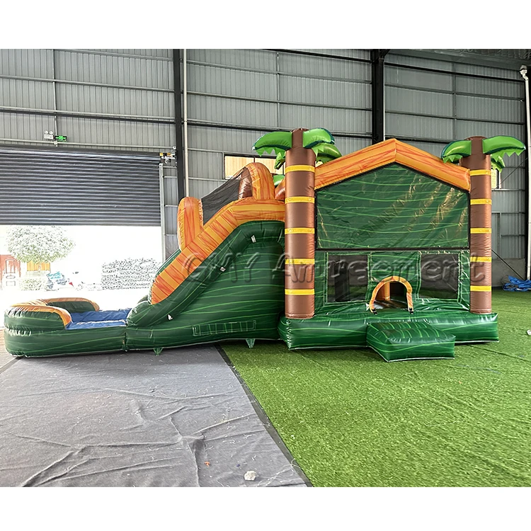 Palm tree jumping castle inflatable bouncer with slide and pool