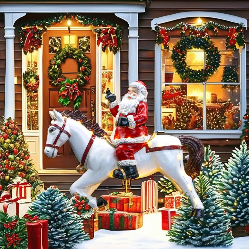 Led Light Hand Painting Craft Santa on Rocking Horse with Figurine Moving Resin Sculpture Battery Operated for Christmas Decor
