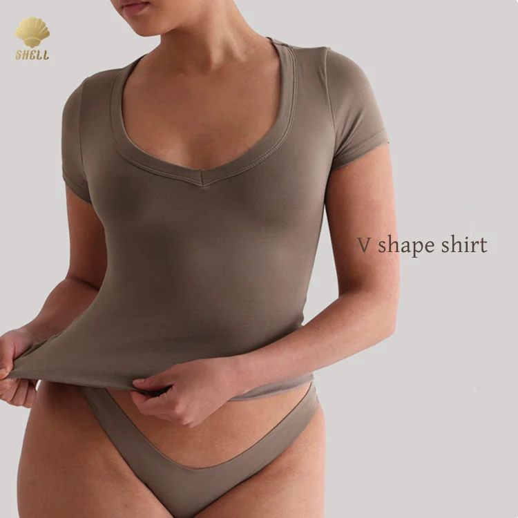 Cnshell Casual Regular Length Double Layer but Big Collar V Neck Sewing Short Sleeve Sexy Cute V Shape One Piece Shirt