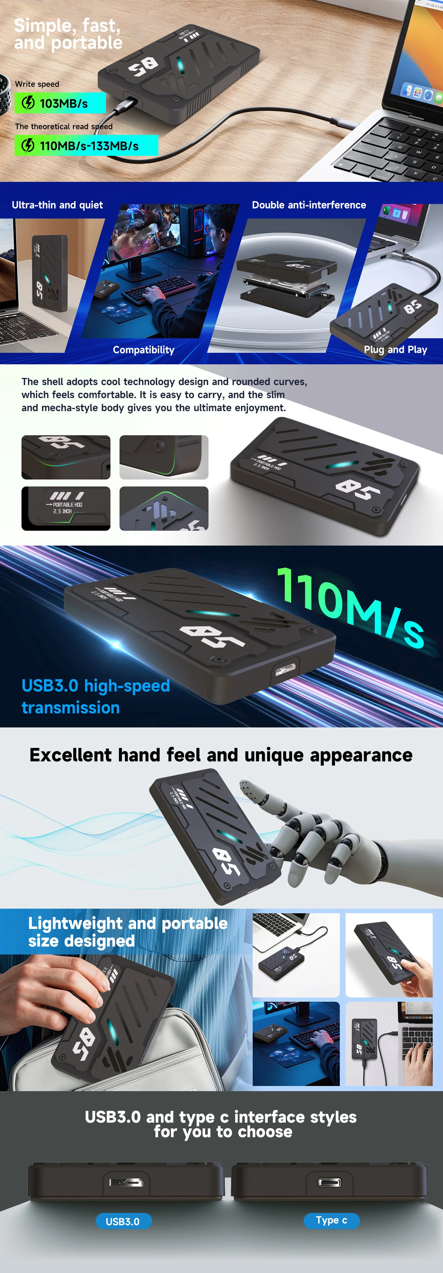 USB3.0 SATA External Hard Drive Disk Enclosure Brand-New 2.5