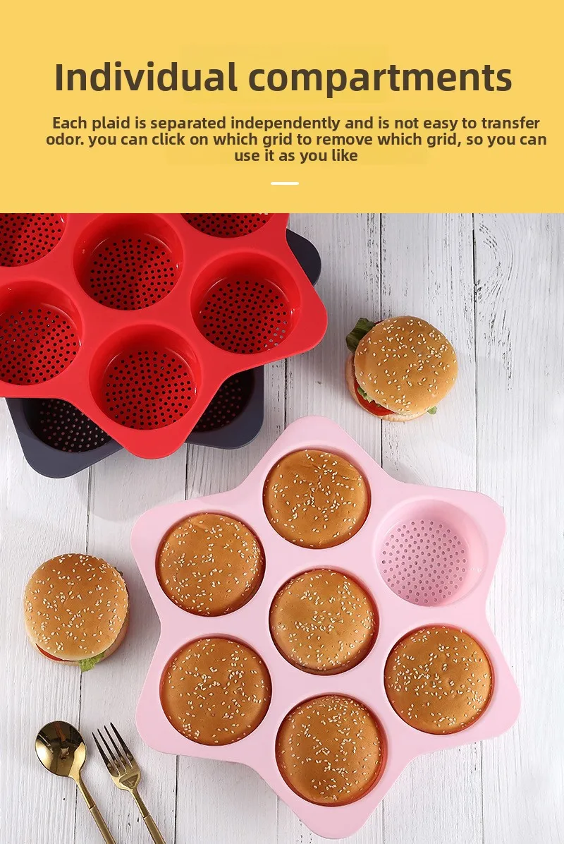 7-Hole Silicone Bread Mold with Breathable Hollow Burger Mold Silicone Burger Baking Sheet for Cake Tools supplier