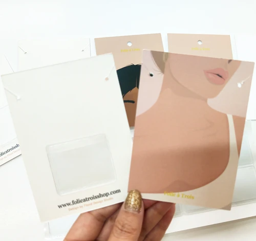 Low Moq Custom Printing Small Card Cheap Price Square Jewelry Necklace Earring Paper Card with Soft PVC Pocket on back