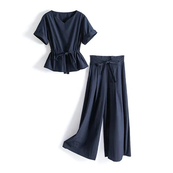 2024 summer new fashion V-neck short sleeve lace-up top wide leg trousers casual suit