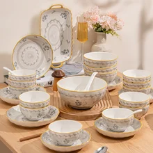 Factory Wholesale Classic Style Ceramic Tableware Set Round Floral Pattern Dinner Plates Bowls for Home Hotel Restaurant Use