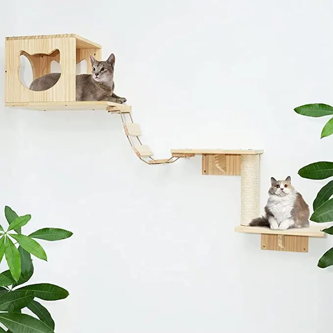 Wooden Cat Wall Shelves And Perches Set Floating Cats Wood Climb ...