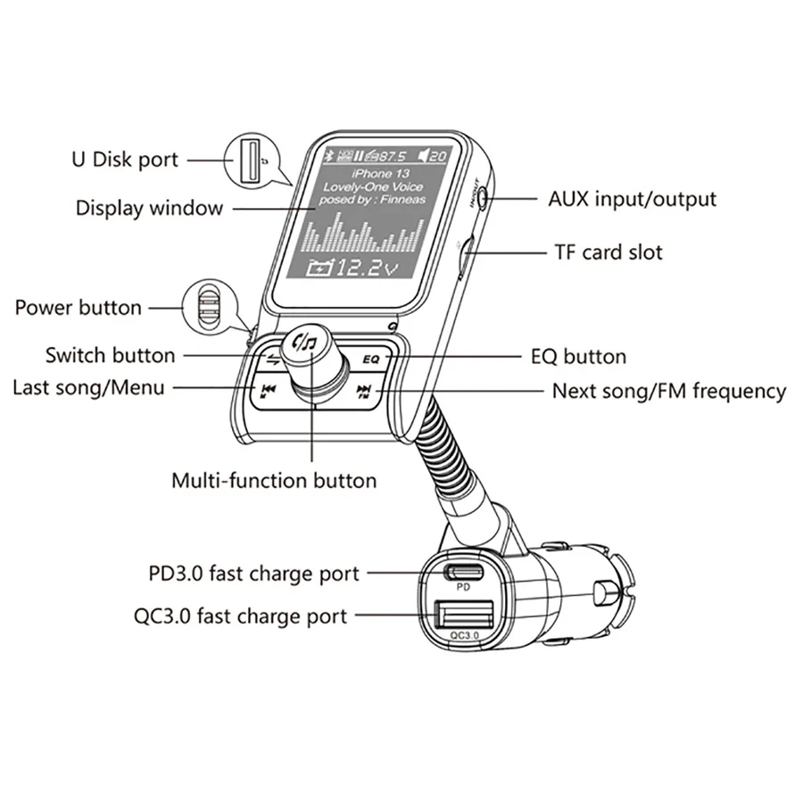 Автомобильный Bluetooth-плеер с поддержкой QC3.0 и PD функцией быстрой зарядки цветным экраном 1 77 дюйма регулировка звука
