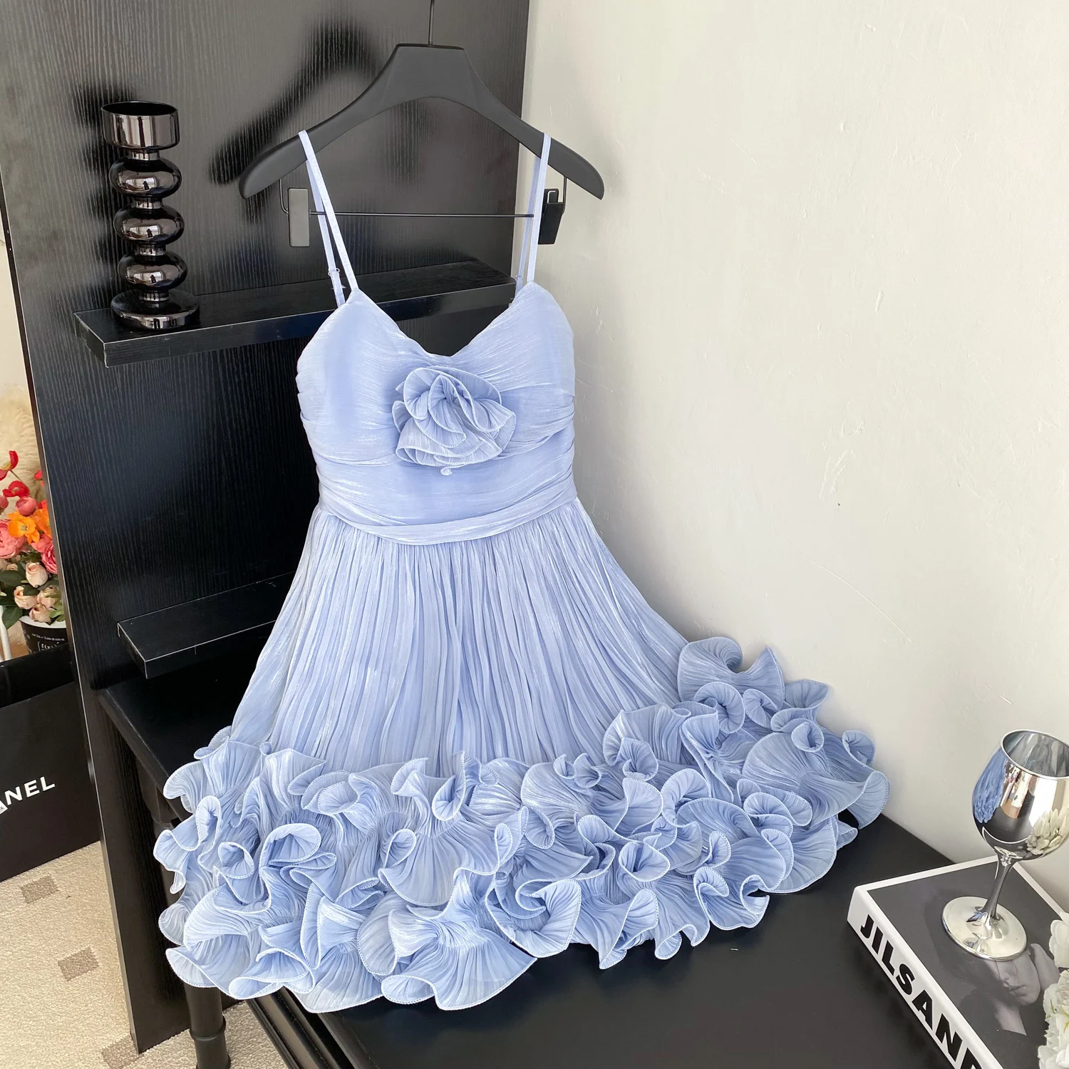 Luxury Floral Pleated Mini Dress Women's Designer Bustier Bandage Skirt  with Ruffle Trim for Night Out Parties