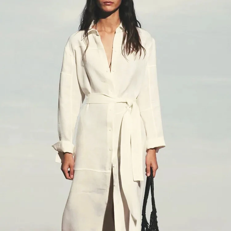 Bulk White Linen Maxi Dresses Autumn Women Casual Long Dress Ladies Elegant  Drawstring Dresses for Women