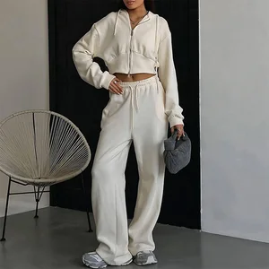 Custom Blank Full Zipper Cropped Fitted Hoodies and Loose Jogging 2pcs Athleisure Solid Color Ropa Deportiva Mujer Loungewear