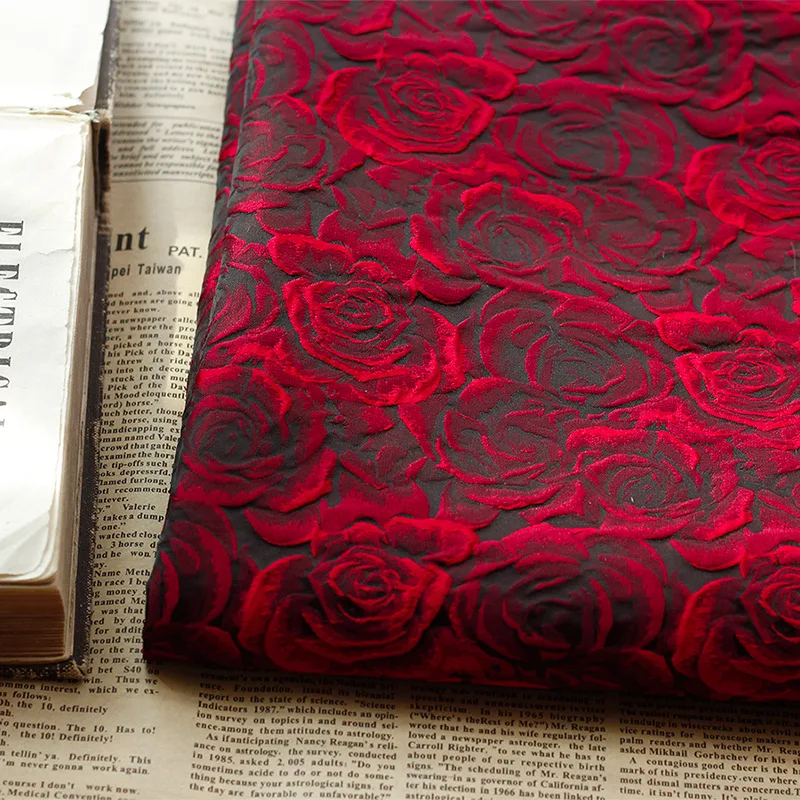 Wholesale Custom Polyester Florals Embossed Red Woven Rose Jacquard Brocade Fabric for Women  Dress