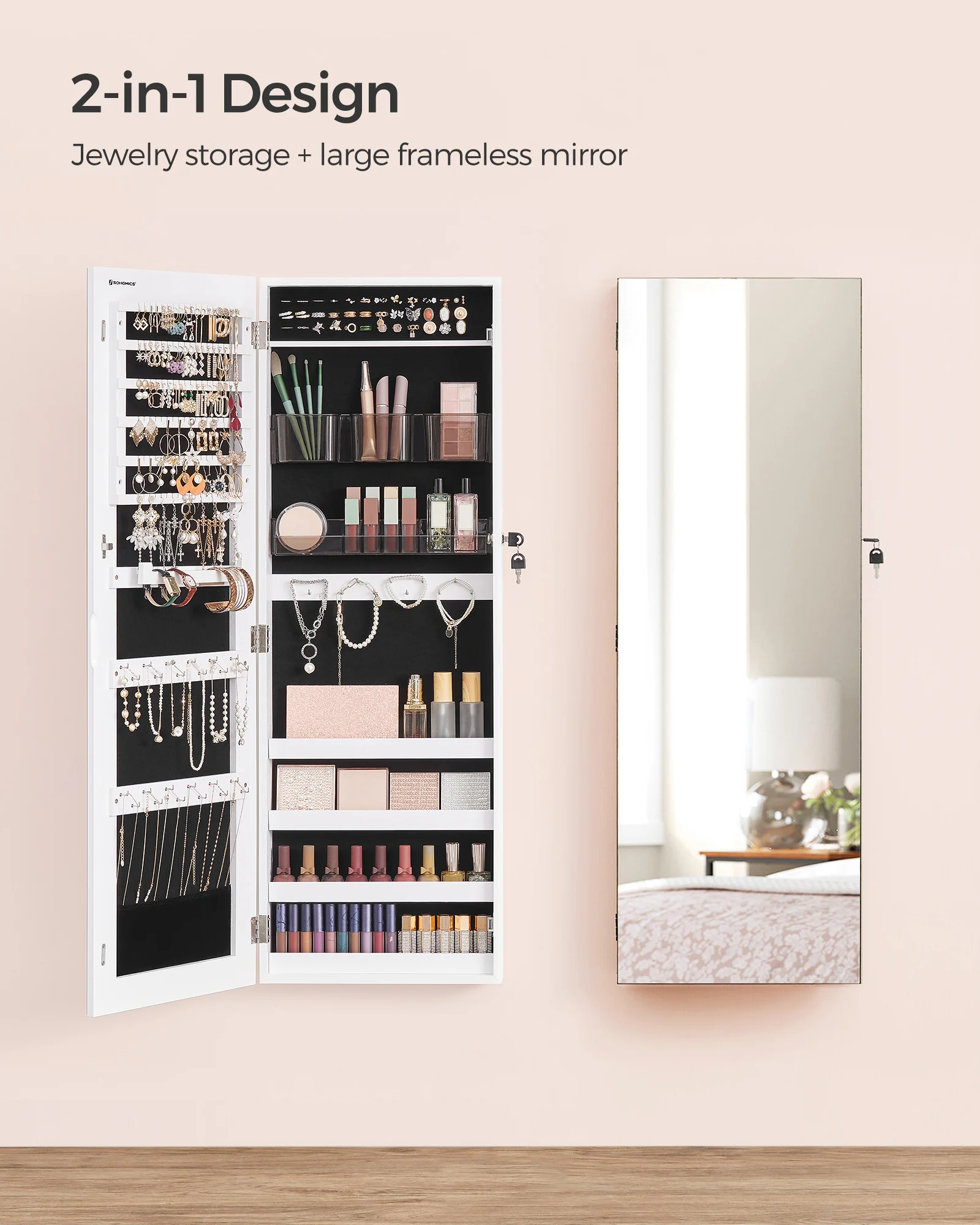 SONGMICS Hanging Wall Mounted Full Mirror Jewellery Armoire White Lockable  Jewelry Cabinet With Full Length Mirror