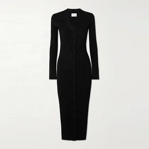 Knitwear Manufacturer Custom Spring Autumn Black V Neck Long Sleeve Ribbed Knit Elegant Casual Women Sweater Midi Dress