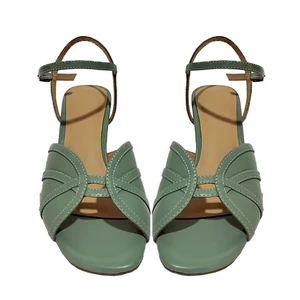 Sage Green Leather Strappy Sandals Block Heel Ankle Strap Summer Beach Resort Casual Comfort Walking Shoes Wholesale OEM ODM