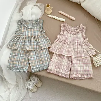 Ins Girls clothes summer trendy clothing fashionable Plaid lace sleeveless vest wide leg trousers girls' two-piece suit