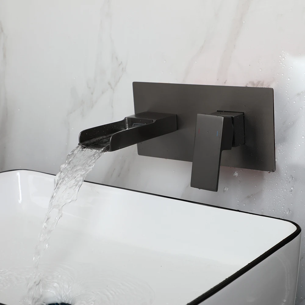 JIENI Single-Handle Bathroom Sink Faucet Matte Black Waterfall Mixer Tap Embedded Box Valve Brass Wall Mounted Crackle Finish