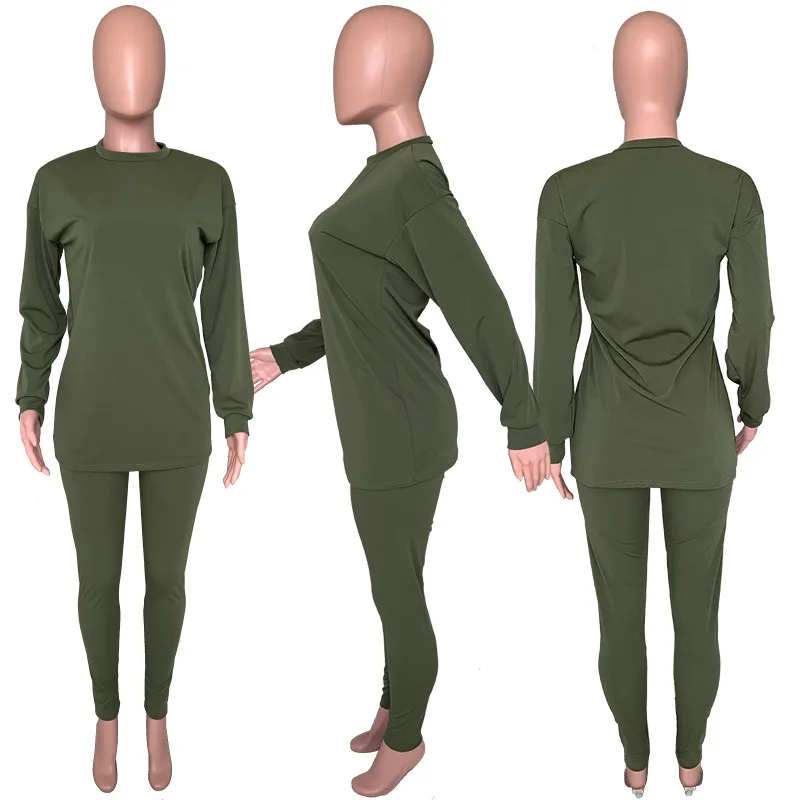 Женский однотонный комплект из двух предметов, Топ с длинным рукавом и круглым вырезом, леггинсы, осень 2021