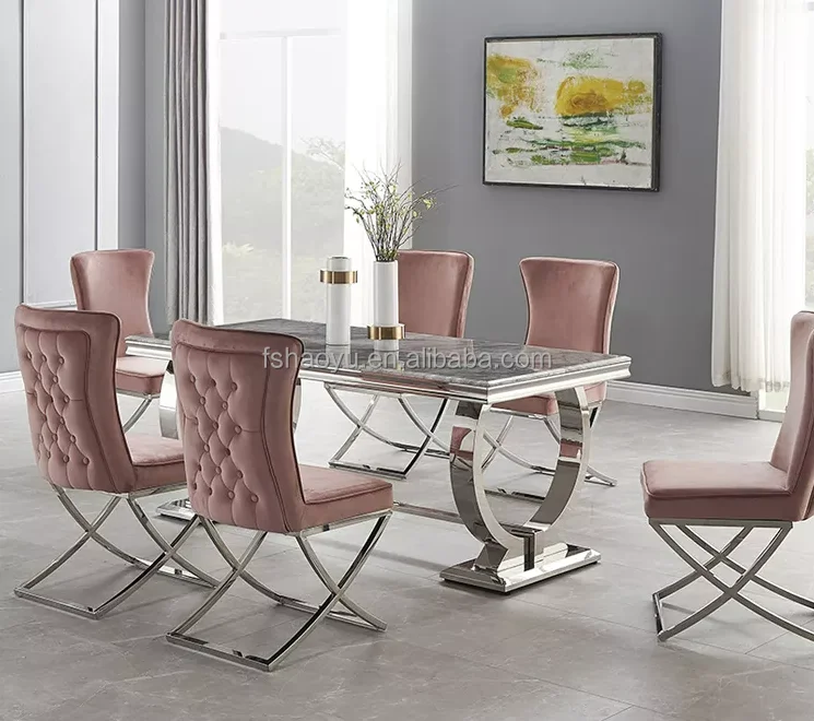 Luxury Stylish Blue Stainless Steel Marble Dinning Table Set Dining