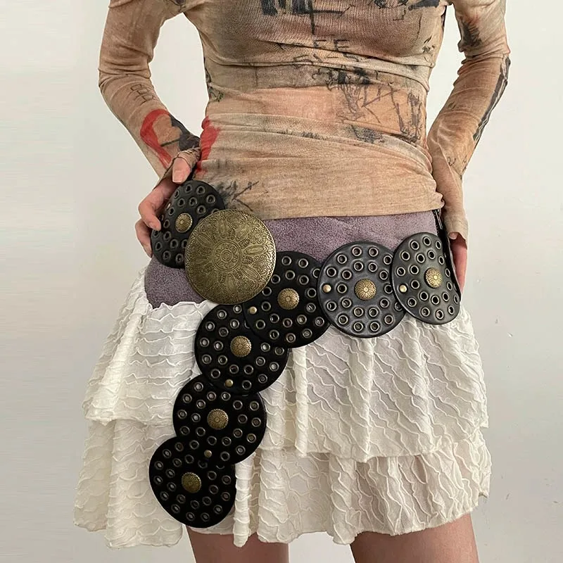 Rewin Boho Disk Concho Leather Belts Wide Disc Leather  display picture 2