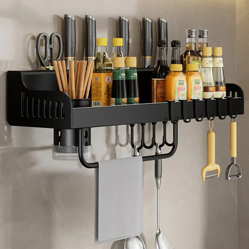 Home Use Gun Ash Kitchen Seasoning Chopstick Knife Rack Non-Punching Wall-Mounted Storage Shelf Multi-Functional Key Use