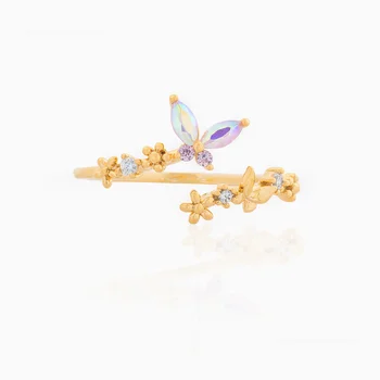 Laodun Fashion Jewelry INS Style Sterling Silver Rings Creative Butterfly Cute Zircon Gold Plated Adjustable Rings