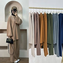 Women Abaya Manufacturer Womens Clothing Wholesale Islamic Clothing Soft Polyester 2 Piece Abaya Set Top Pants Set With Pockets