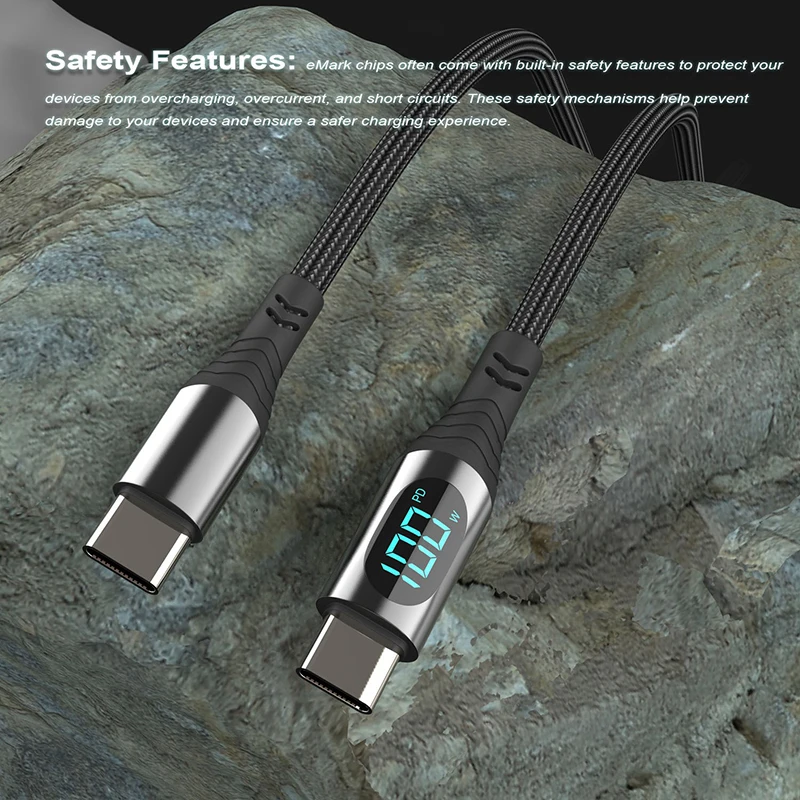 PD 100W 66W Nylon Braided USB-Type C LED Display Charger Data Cable 5A Fast Charging PVC Jacket USB C Phone Fast Charging Cable