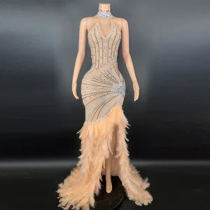 Luxury High Quality Summer Evening Dress Empire Waist Rhinestone Sequined Prom Gown Tassels Feather Button Floor-Length