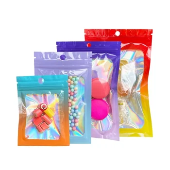 One Side Transparent holographic ziplock Packaging Small Zipper lock Mylar Hologram Bags RTS