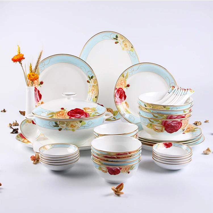 Wholesale royal bone china luxury dinner set flower decal printing