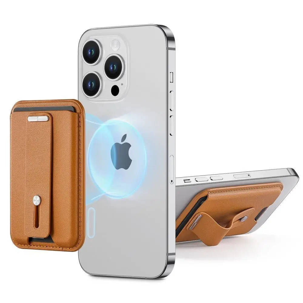 Ready to Ship Leather Magnet Smart Phone ID Card Holder Wallet External Slot Pocket for iPhone with 1 Metal Ring Sticker