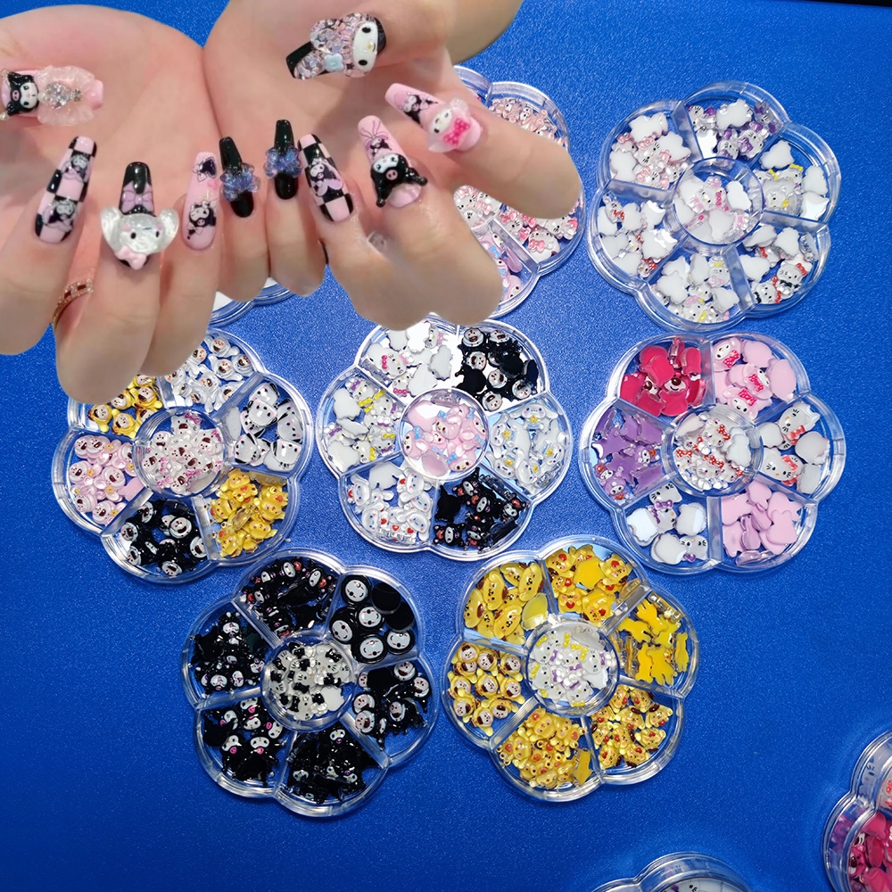 Hot Selling 7 Grid Cute Nail Accessories Mixed With Cartoon Cat Head